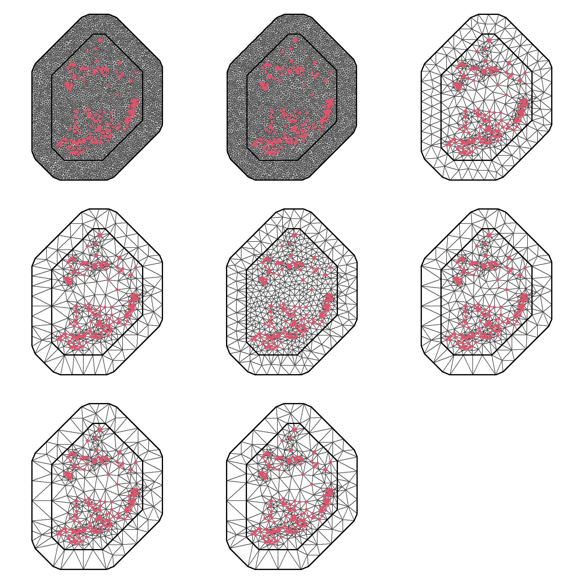 Various meshes. Top row from left to right: meshes 1 to 3. Middle row from left to right: meshes 4 to 6. Bottom row from left to right: meshes 7 to 9.