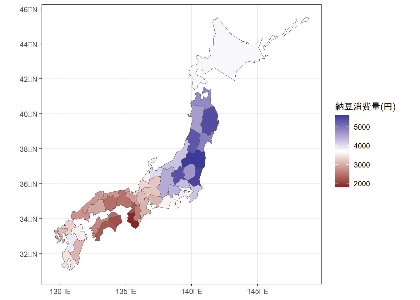 各都道府県の納豆消費量(円)