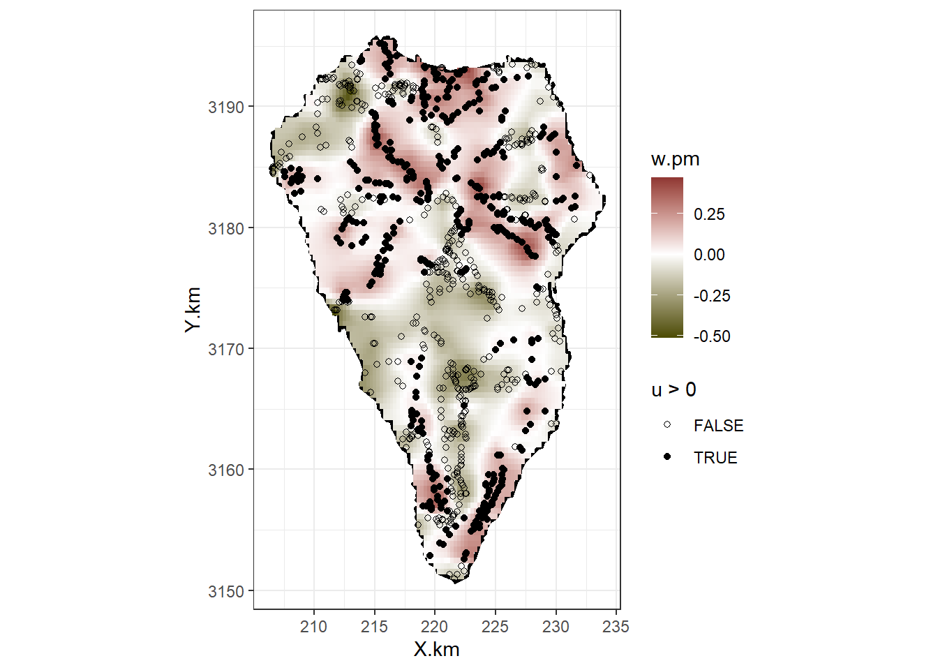 Ma p of La Palma with posterior mean values of the spatial random effects u i, and the spatial random field w k. The closed circles represent positive u i values and the open circles are negative u is.